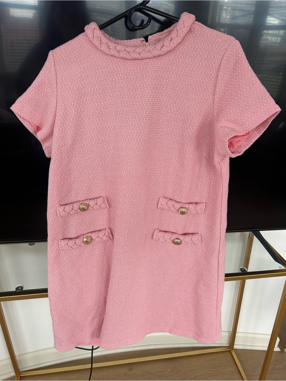 Pink Textured Short-Sleeve Dress with Decorative Pockets